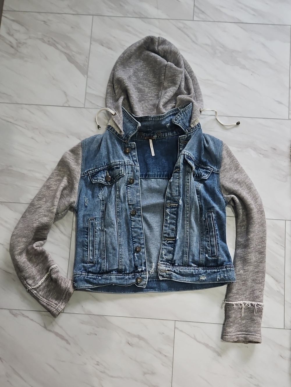 Free People Blue Denim Jacket with Gray Removable Knit Hood & Sleeves